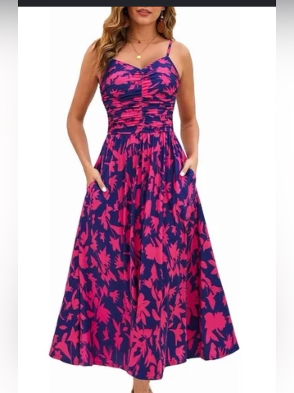 Annebouti Floral Midi Dress Womens Medium Ruched Sleeveless Navy Pink NWT.